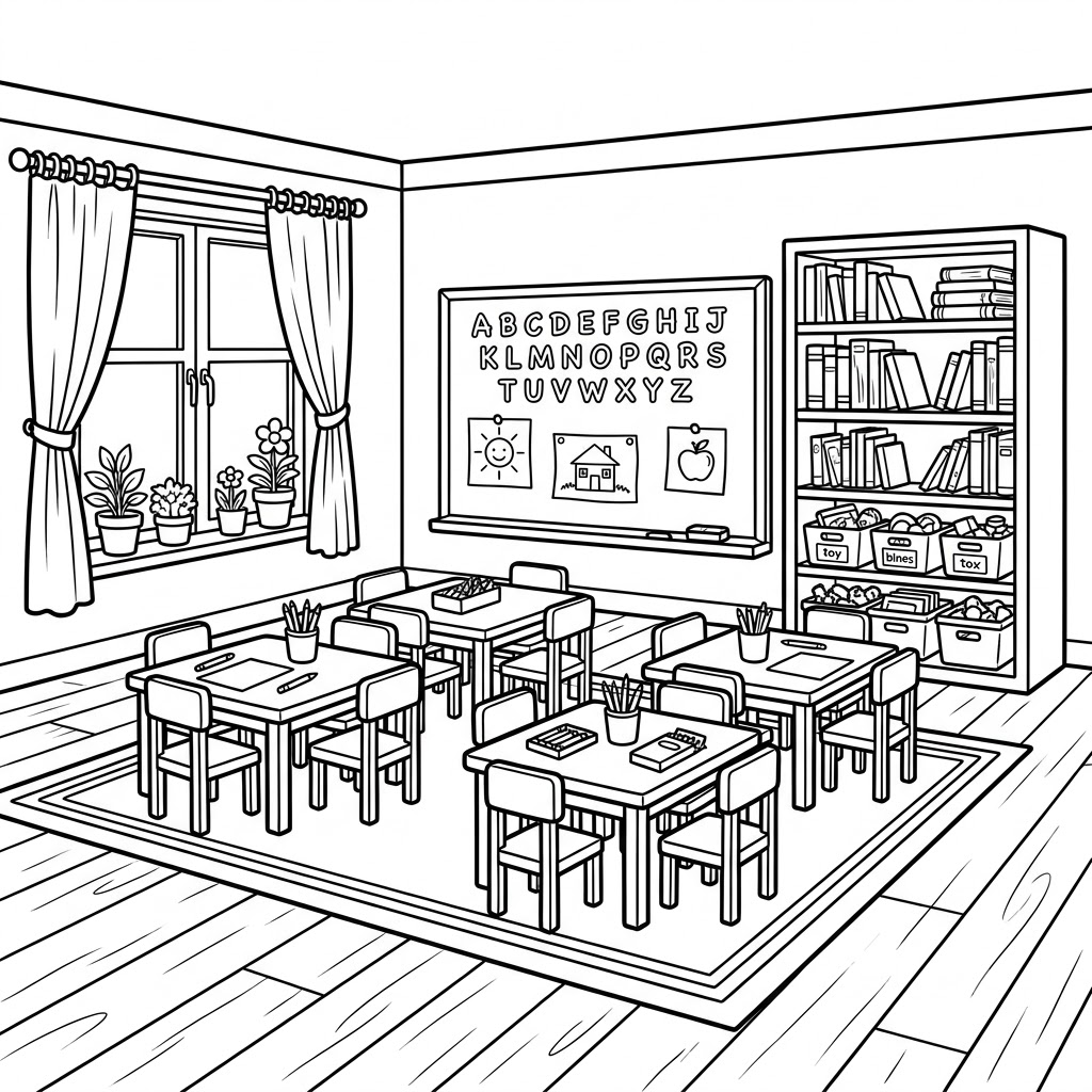 Welcome to preschool coloring page of a detailed classroom interior with tables, chairs, bookshelves, and an alphabet board